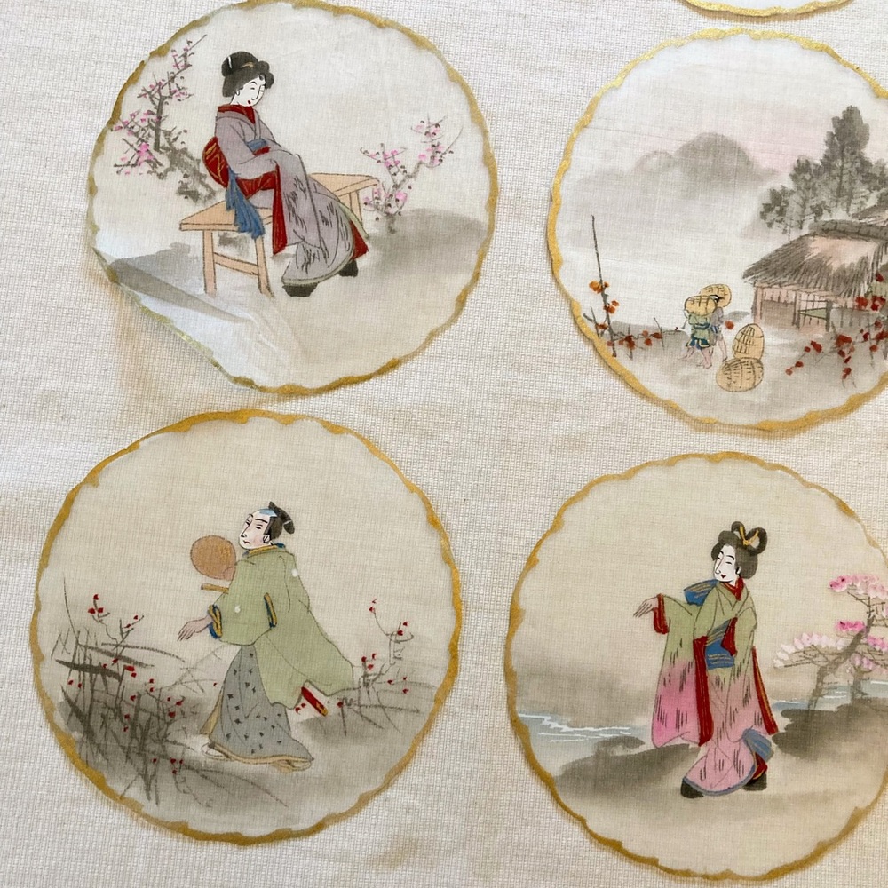 Vintage Set of Traditional Japanese Hand Painted Silks for fans 1 Large 9 Small - Picture 6 of 16